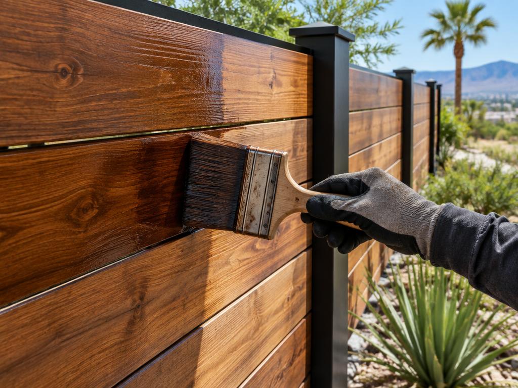 Protective wood stain being applied to a fence with metal posts