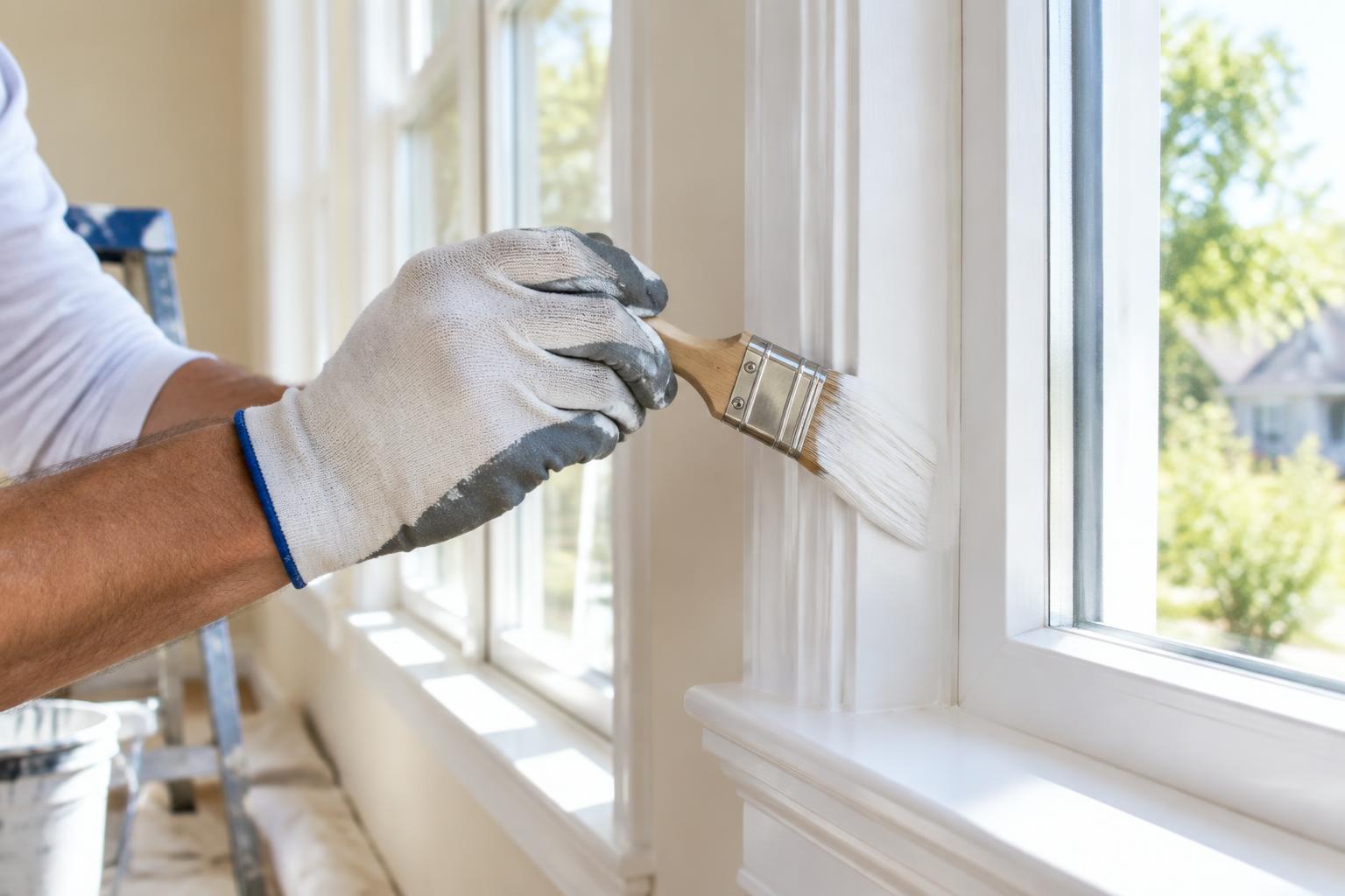 Painter carefully applying paint to detailed window trim